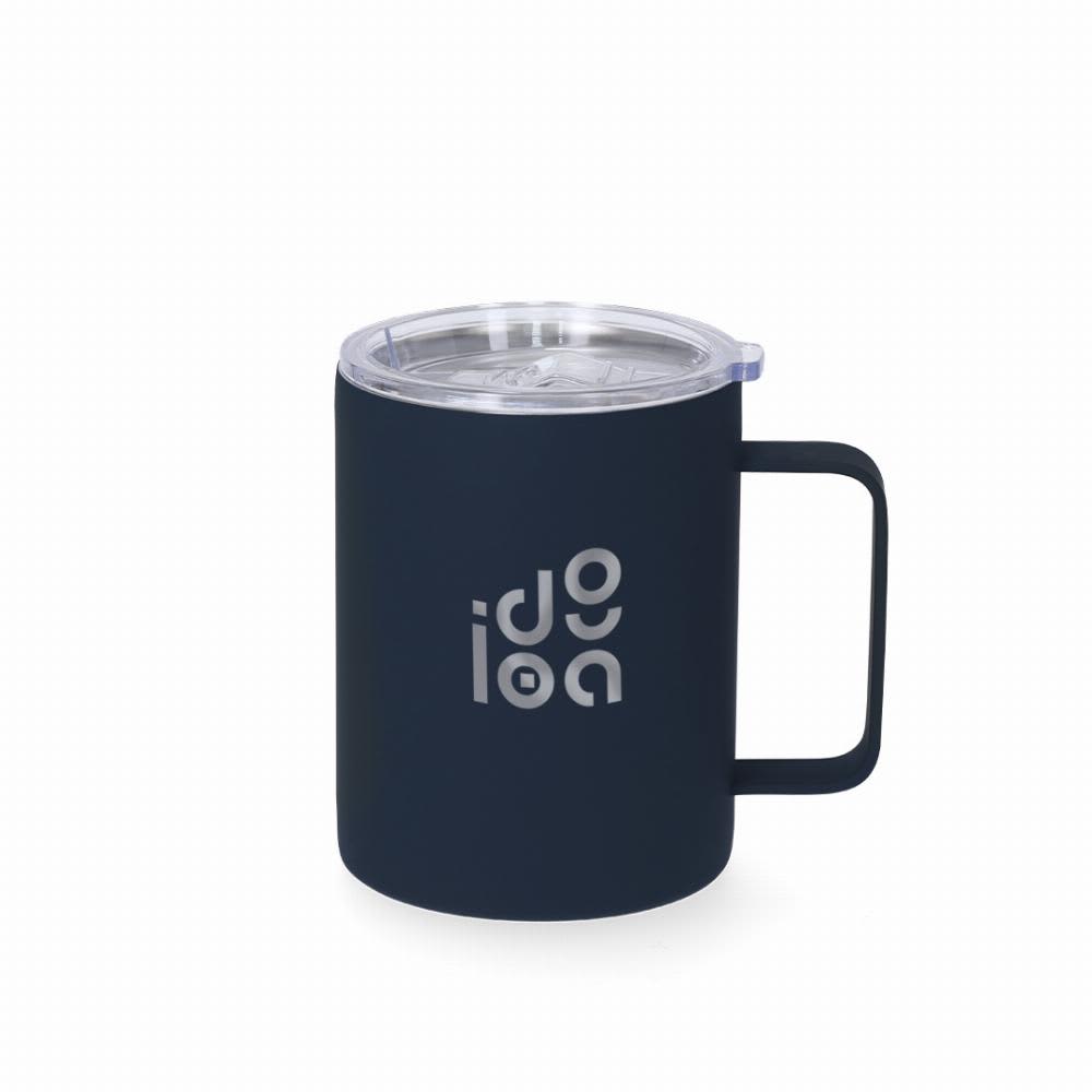 A drink bottle with a dark navy colour, featuring a clear lid and a sturdy handle. It has a logo on the front. Adelax - Image 1