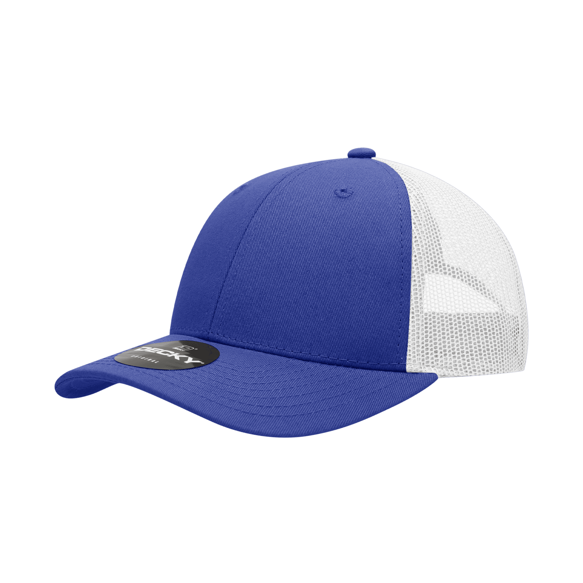 A blue and white 6-panel low profile structured trucker cap with a mesh back and a logo. 6 Panel Low Profile Structured Trucker - Image 1