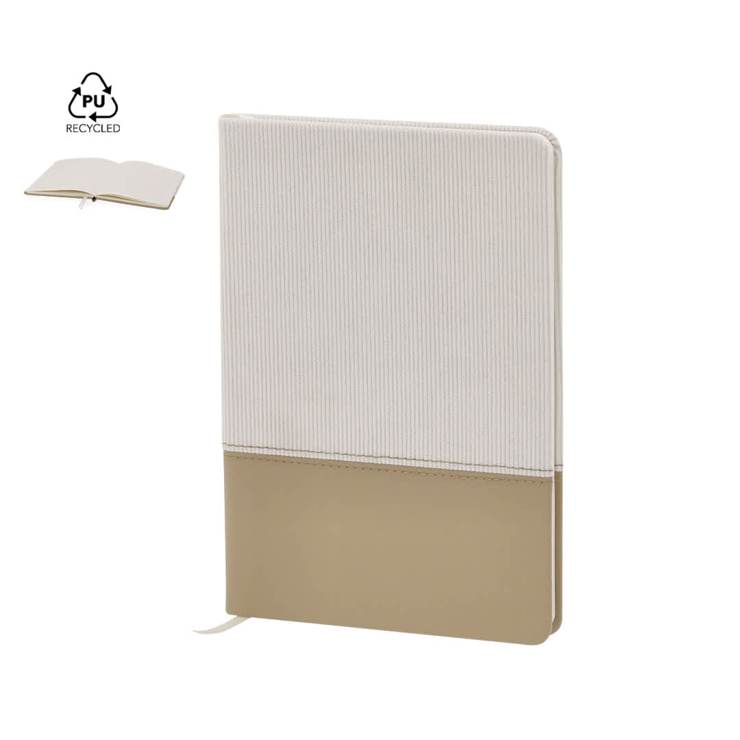 A notepad with a cream and beige striped cover, featuring a logo, and a recycled design. Mitek Notepad - Image 1