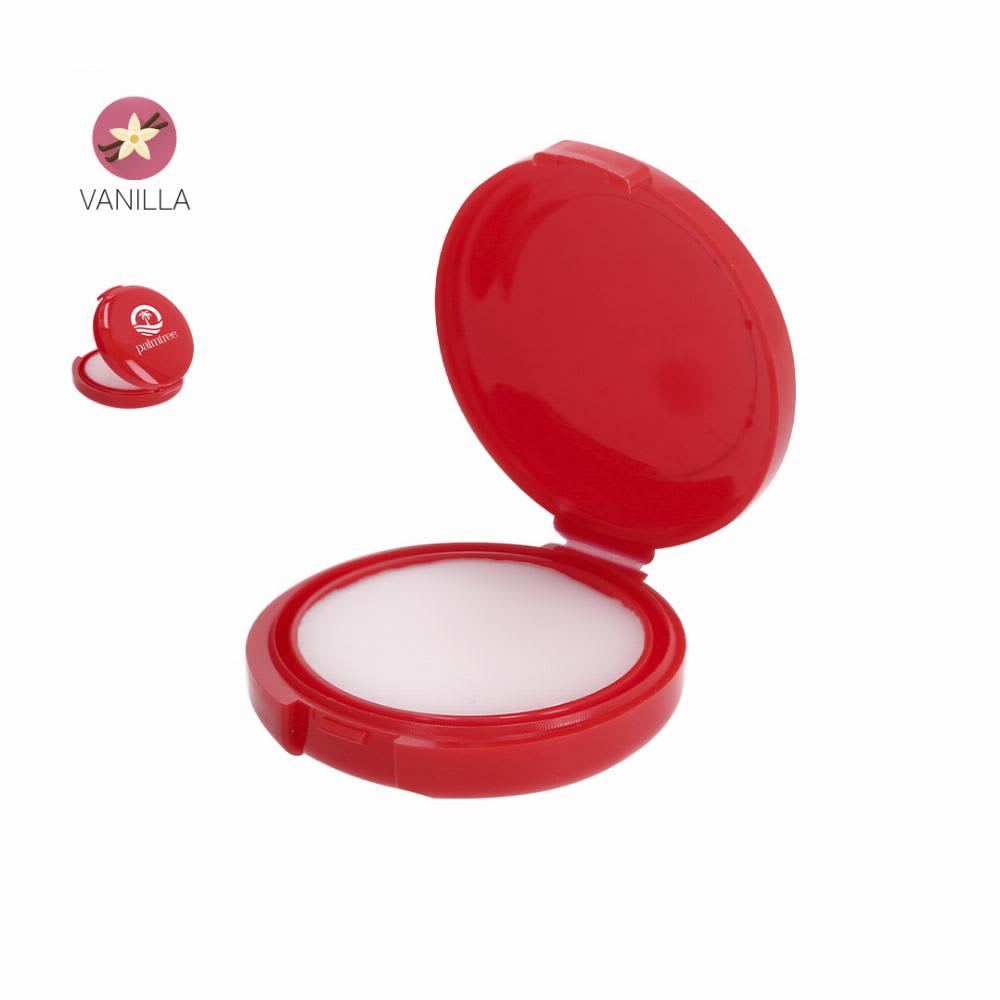 A red compact with a mirror, containing a white powder. The product is labelled as vanilla scented. Blexik - Image 1
