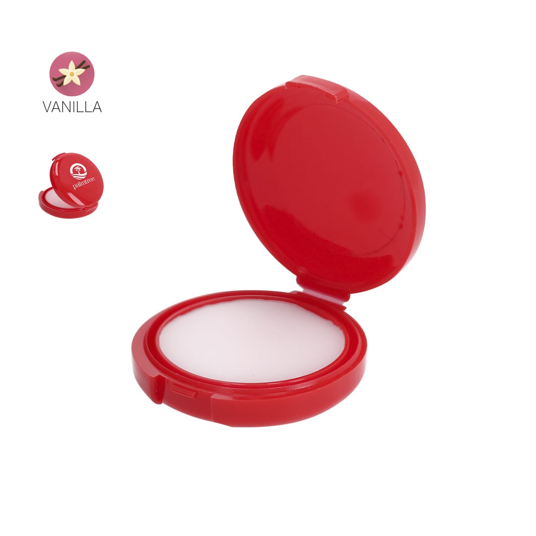A red lip balm container with a white balm inside, featuring a compact design and a logo on the lid. Blexik Lip Balm - Image 1
