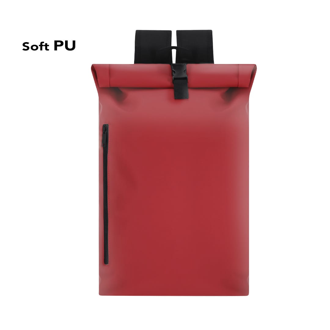 A red backpack with a roll-top design, featuring a front zipper and dual shoulder straps. It has a logo. Vlad Backpack - Image 1