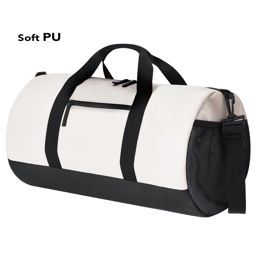 A white and black duffle bag with a zippered pocket and mesh side panel, featuring a sturdy handle and shoulder strap. Sukar Bag - Image 1