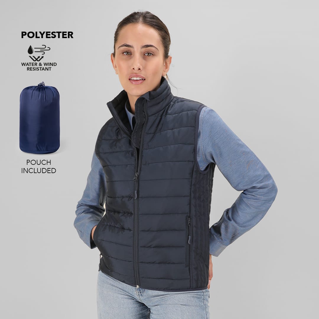 A dark navy women's vest made from polyester, featuring a zip front and a pouch for storage. Cashel Women´s Vest - Image 1