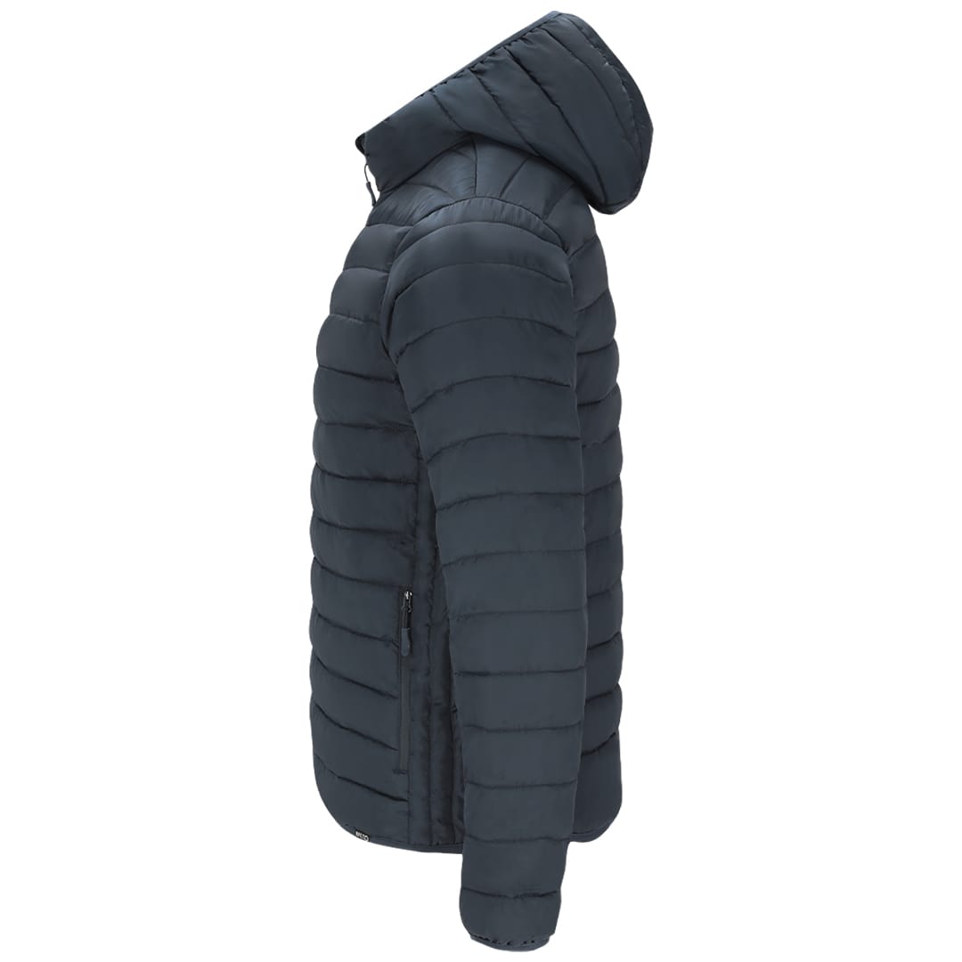 A navy blue puffer jacket with a hood, featuring quilted design and side pockets. It has a logo on the design. Dilax Jacket - Image 1