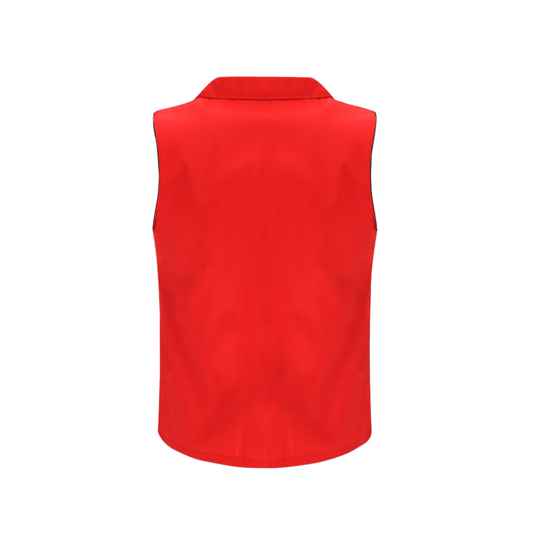 A sleeveless red vest with a collar, featuring a logo on the back. Dervik Vest - Image 1