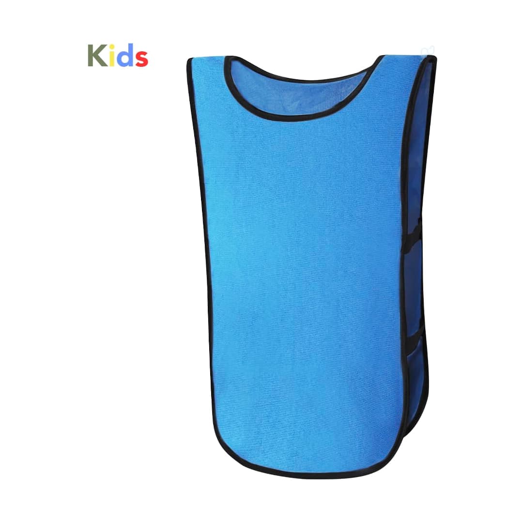 A blue kids' vest with black trim, designed as a sports uniform bib. It features a logo. Wirtz Kids Vest - Image 1