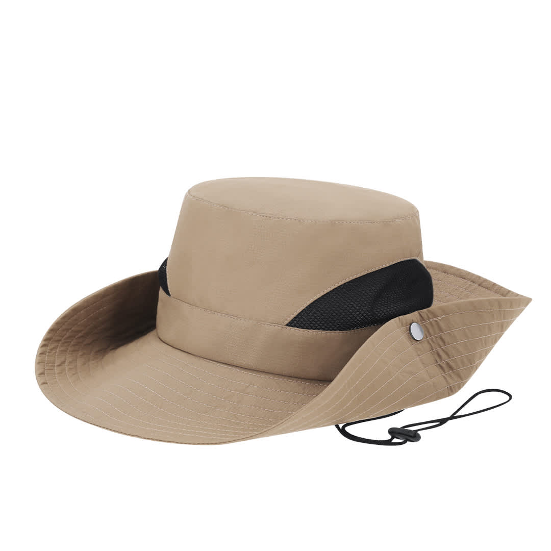 A tan brimmed hat with a mesh accent and an adjustable chin strap. It features a logo on the side. Tierney Hat - Image 1