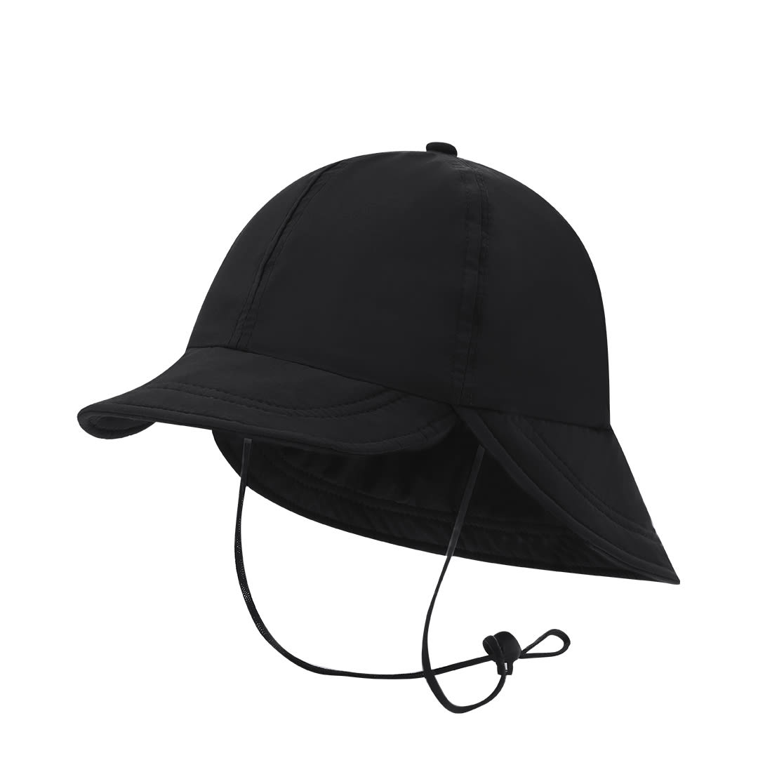 A black cap with a wide brim and adjustable chin strap, featuring a logo on the side. Fraser Cap - Image 1