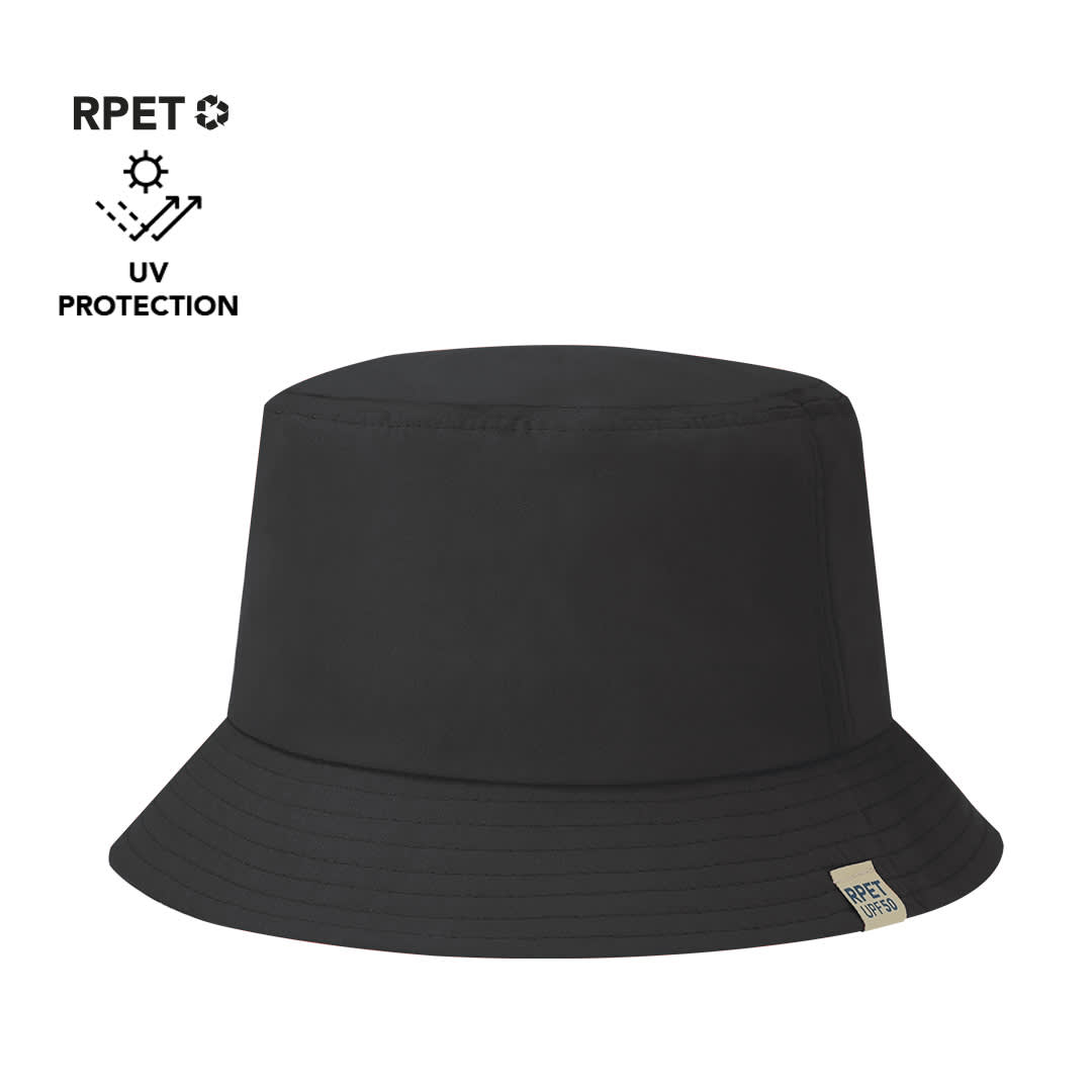 A black bucket hat made from RPET material, featuring a wide brim and UV protection. Includes a logo. Zalay Hat - Image 1