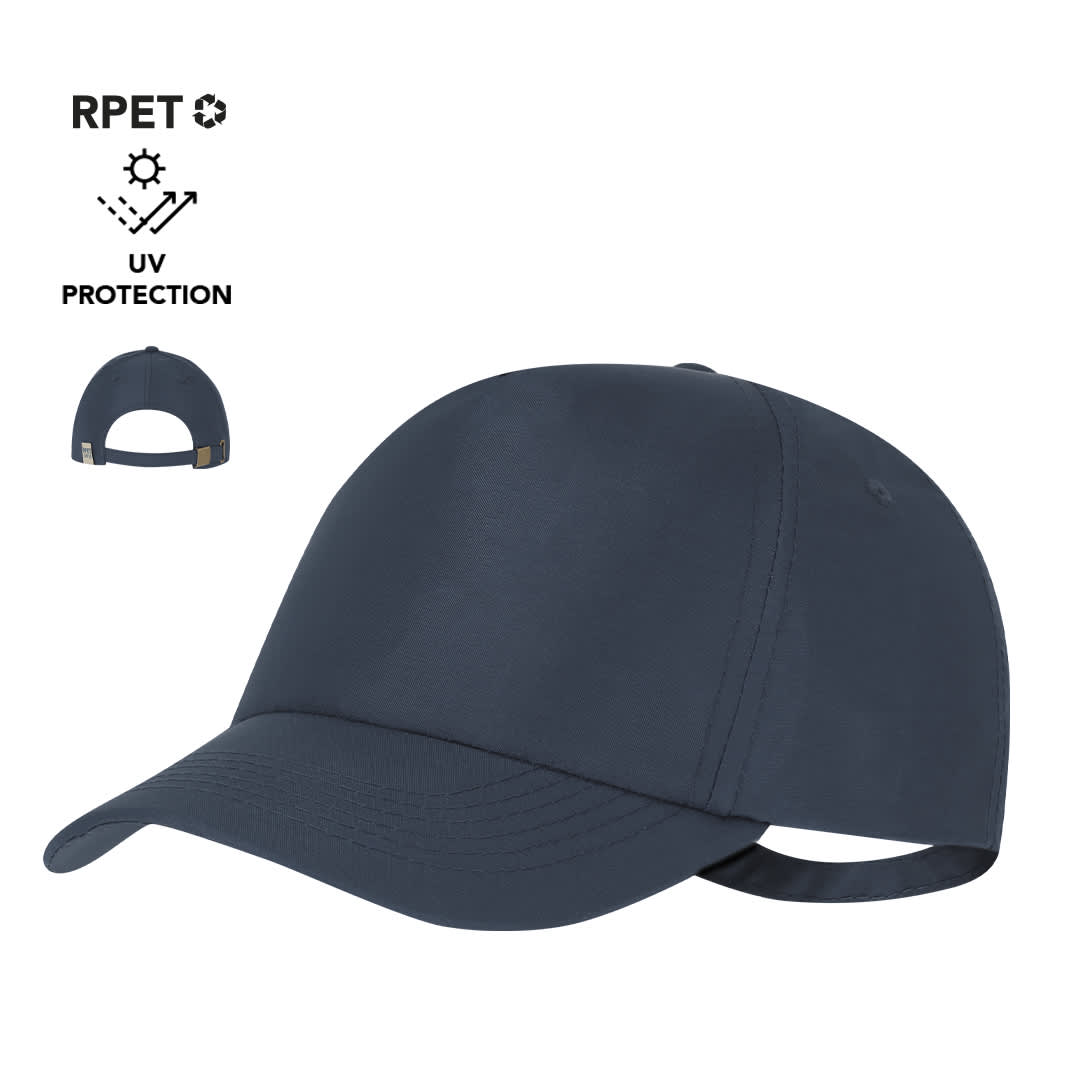 A dark navy cap featuring a logo, with UV protection and made from recycled materials. Dibux Cap - Image 1