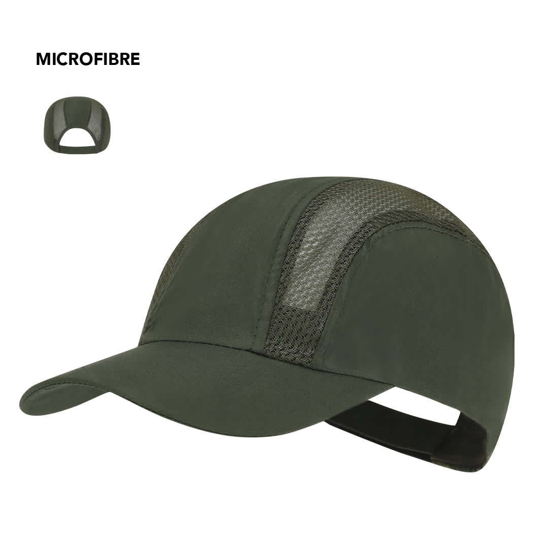 A dark green cap with a mesh design and adjustable strap, made from microfibre material. It features a logo. Hakos Cap - Image 1