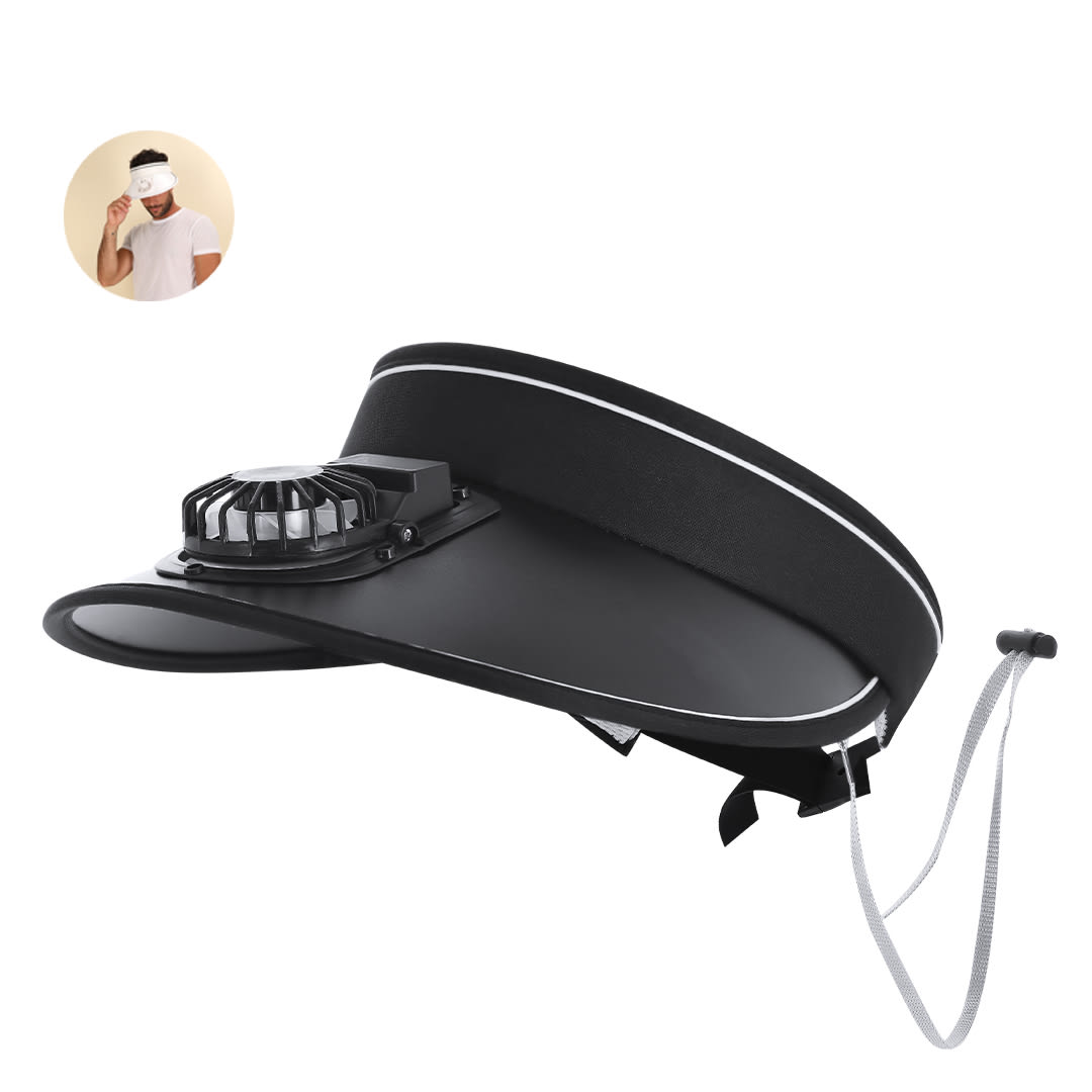 A black sun visor fan featuring a built-in fan, designed for outdoor use. It has a sleek, modern style and an adjustable strap. Akanyi Sun Visor Fan - Image 1
