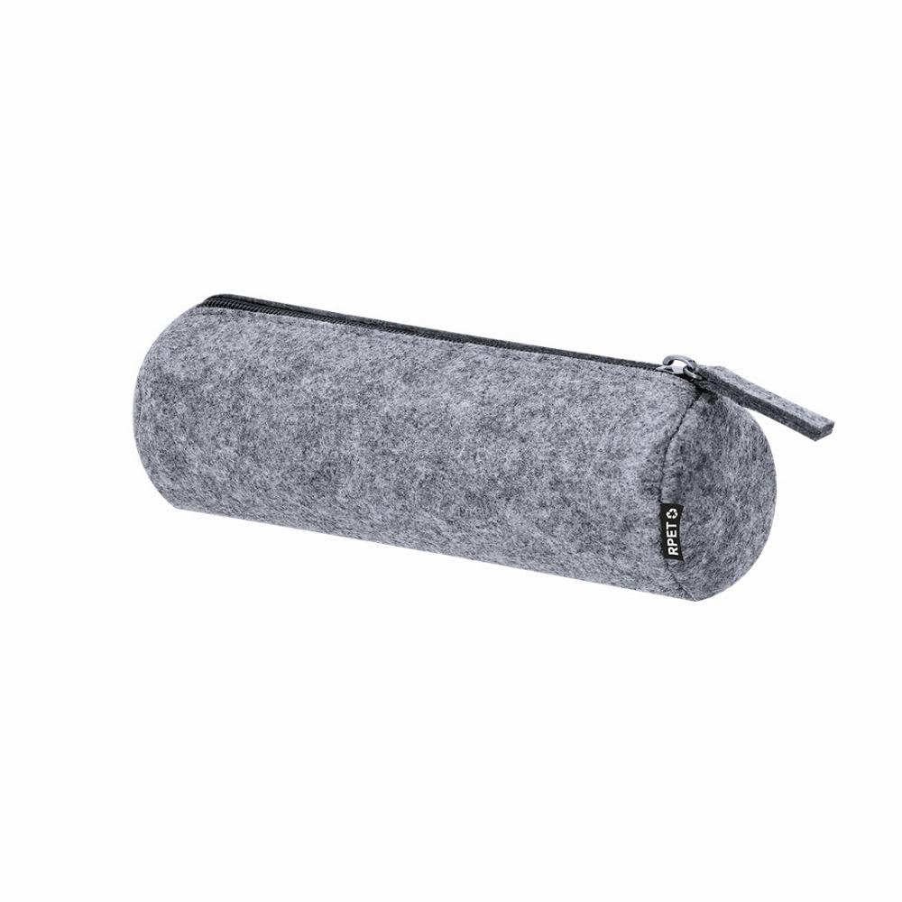 A grey felt pencil case with a zip closure and a small pull tab. It has a branding label on the side. Bartox - Image 1