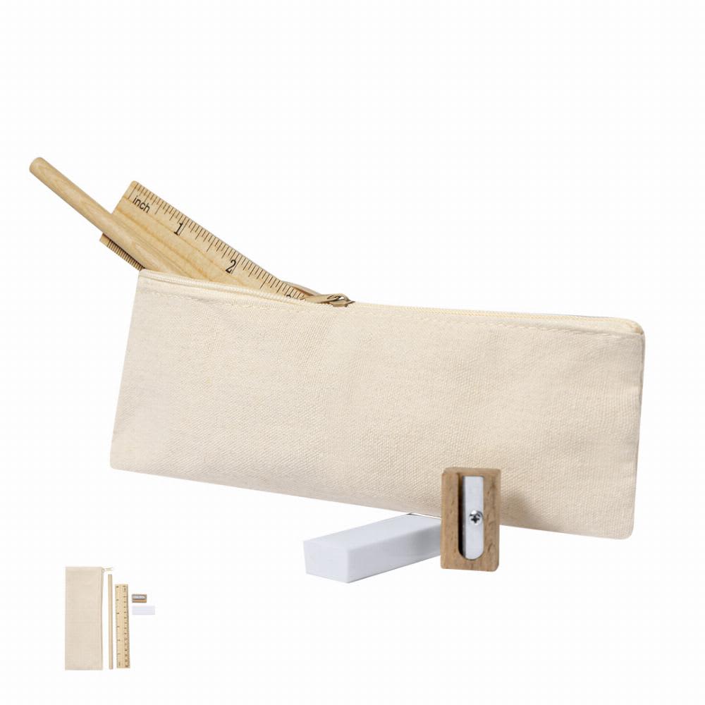 A pencil case in natural canvas colour, holding wooden stationery items like a ruler and pencil, displayed on a stand. Kramer - Image 1