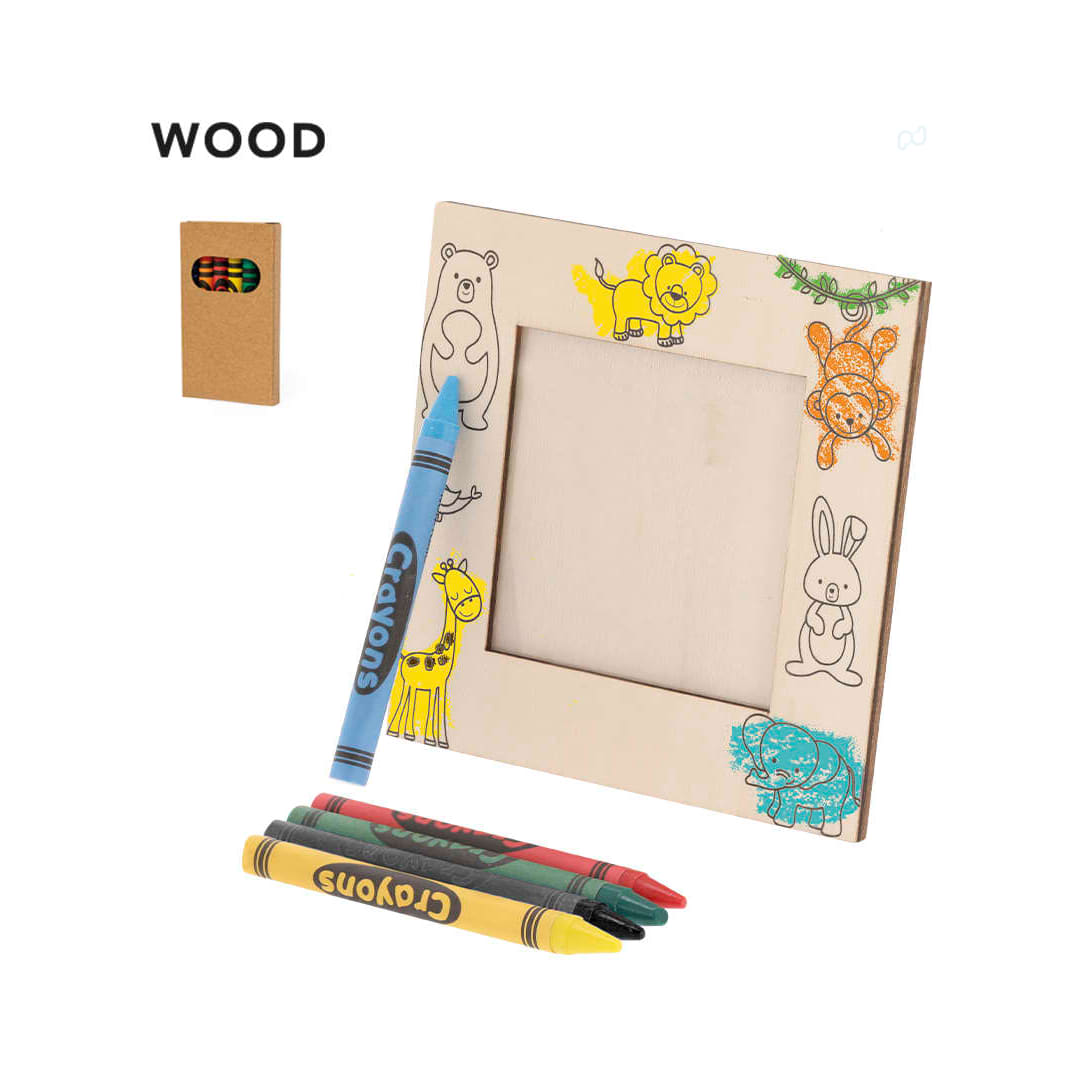 A wooden photo frame decorated with animal drawings and accompanied by four crayons in various colours. Kunku Photo Frame - Image 1
