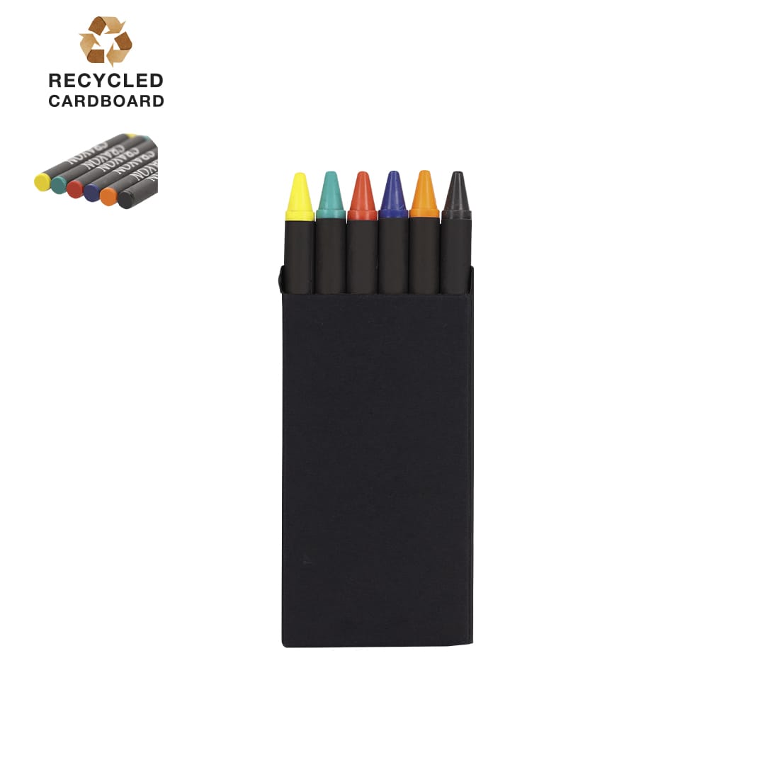 A crayon set featuring six vibrant colours, packaged in a black recycled cardboard holder. Veseli Crayon Set - Image 1