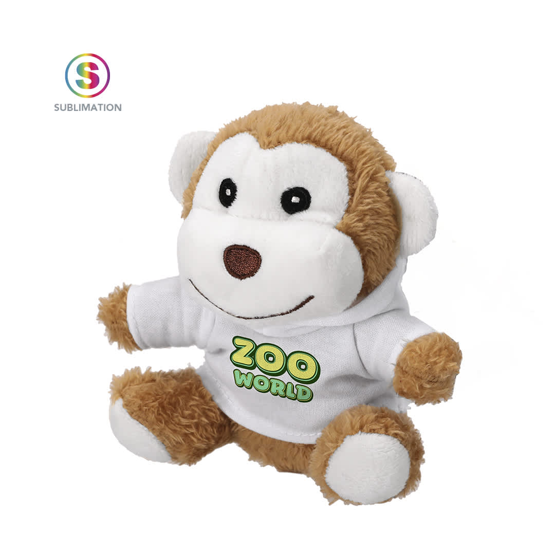 A plush toy monkey with brown fur and a white hoodie featuring a logo. The toy has a friendly face and is soft. Benarek Teddy - Image 1