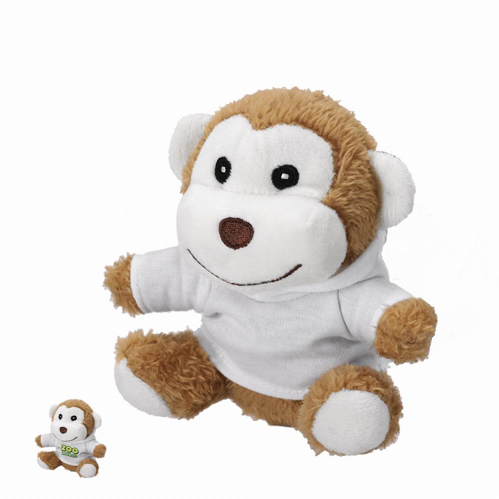 A plush monkey toy with brown and white fur, wearing a white hoodie, alongside a smaller version of the same toy. Benarek - Image 1