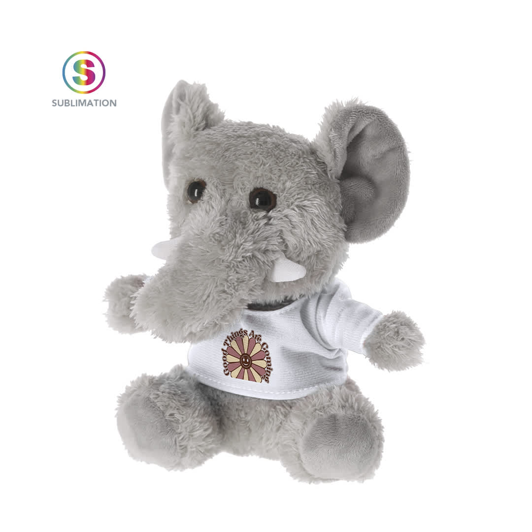 A grey plush elephant toy wearing a white shirt, featuring small tusks and large ears, with a logo on the shirt. Brekalo Teddy - Image 1
