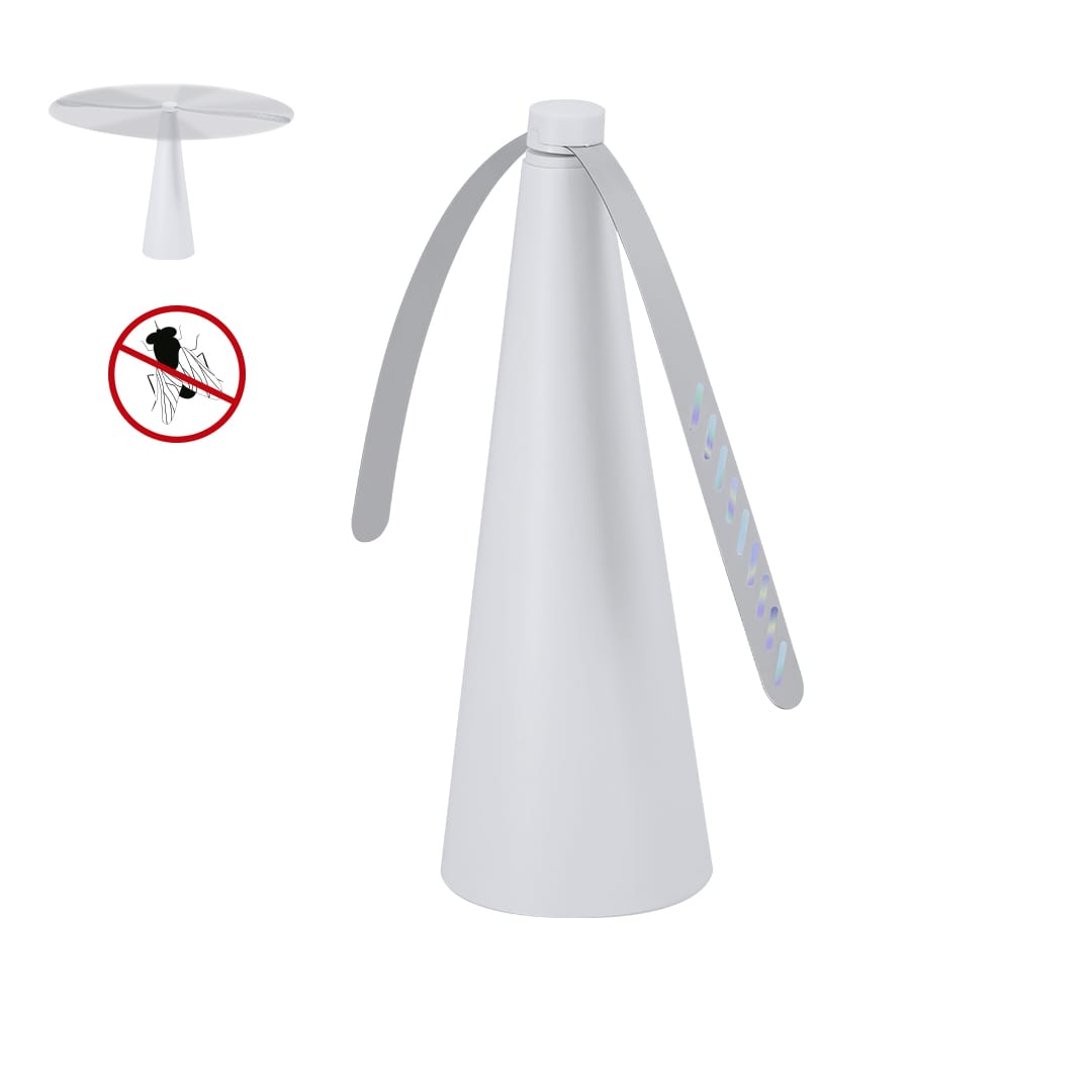 A white fly repellent fan with a conical base and two blades. It includes a logo and an insect prohibition symbol. Zuriko Fly Repellent Fan - Image 1