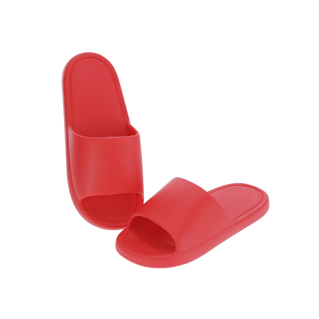 A pair of red flip flops with a simple design and a flat sole. The footwear has a branding logo. Ridel Flip Flops - Image 1