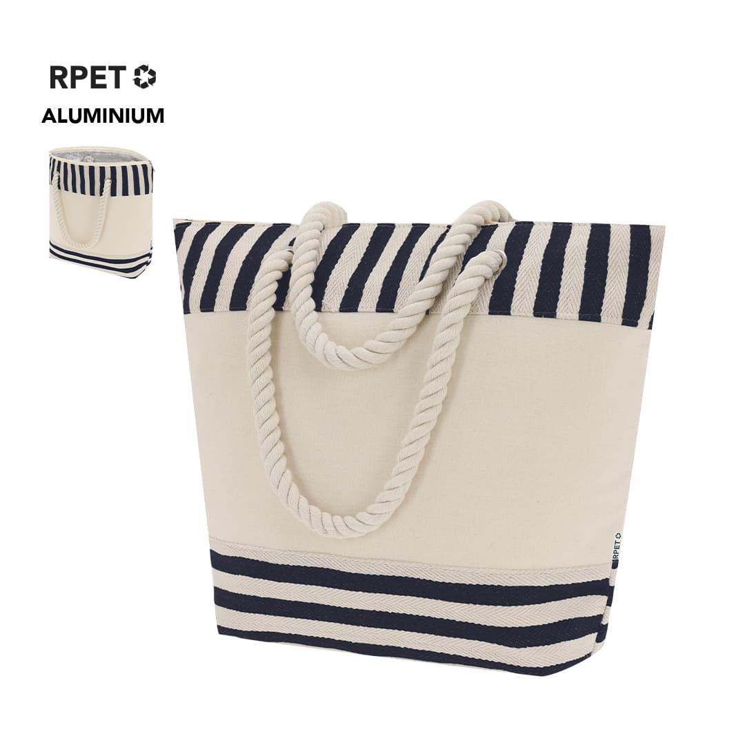 A striped cooler bag in cream and navy, featuring rope handles and a logo. Ideal for keeping items cool. Sumpter Thermal Bag - Image 1