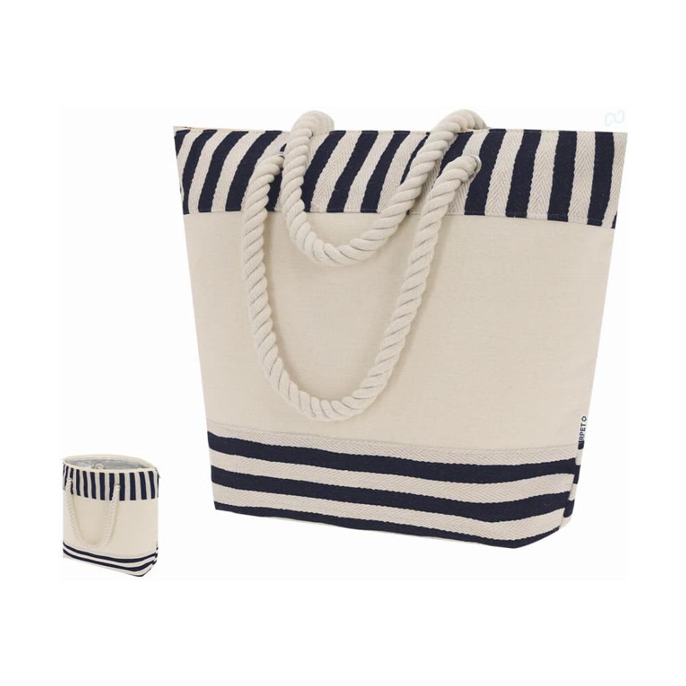 A tote bag with a striped navy and cream design, featuring rope handles and a matching smaller bag. Sumpter - Image 1
