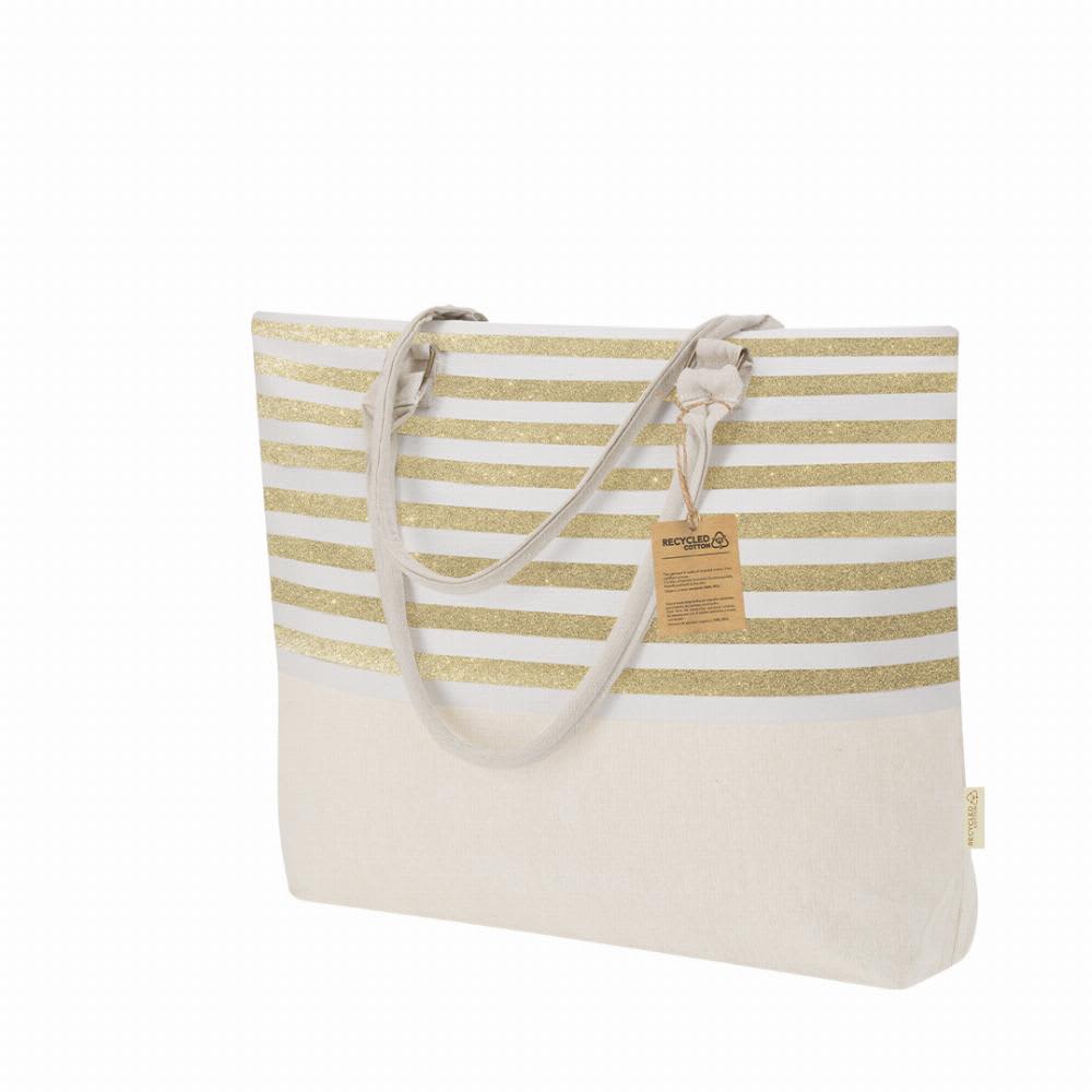 A tote bag with gold glitter stripes and a natural fabric base, featuring matching handles and a tag. Henar - Image 1