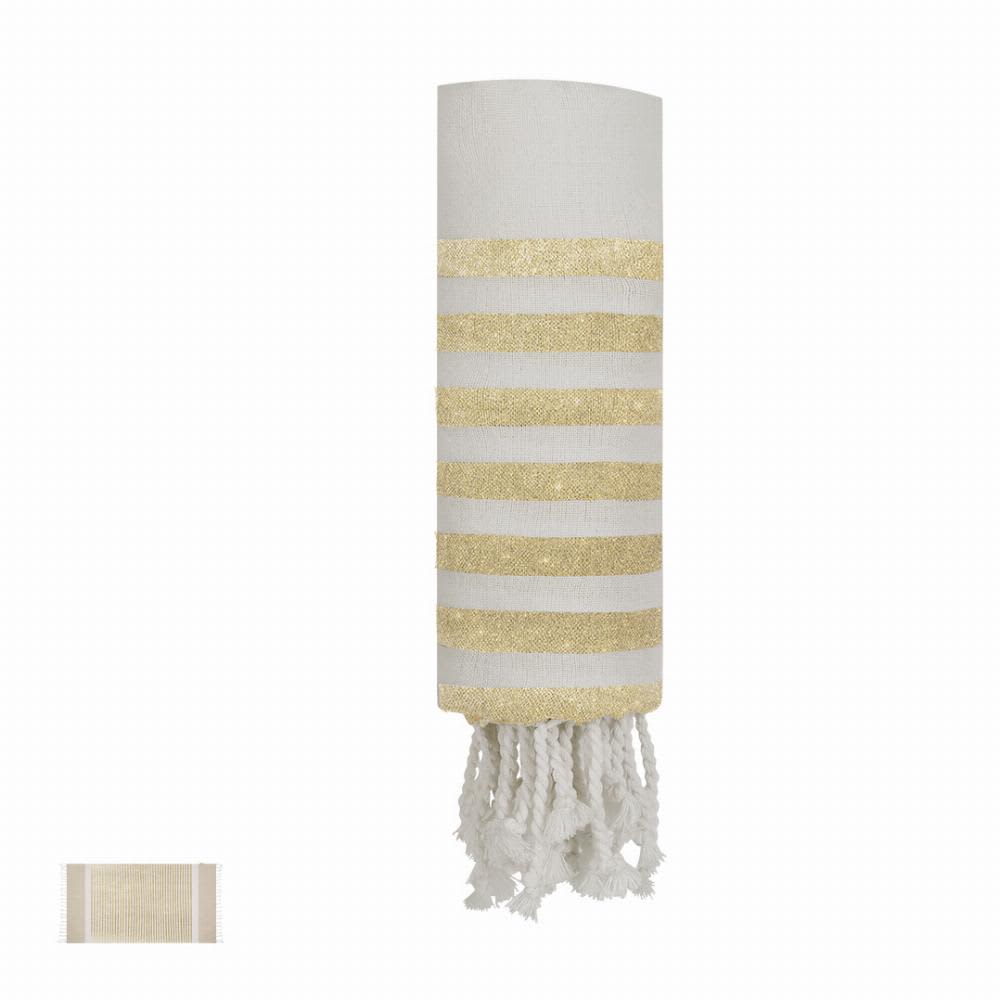 A decorative wall hanging in white and gold with a textured fringe at the bottom. It features horizontal striped patterns. Bak - Image 1