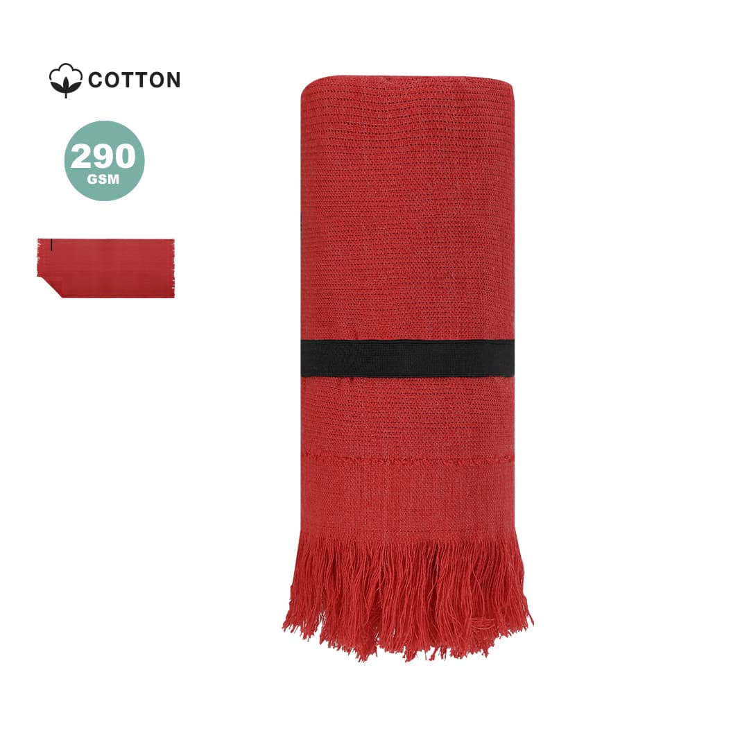 A red bath towel made from cotton with a black band and fringed edges. It has a 290 GSM weight. Brisly Towel - Image 1