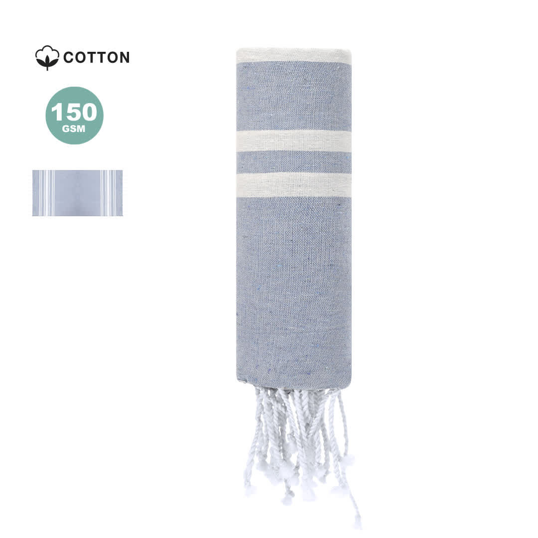 A blue and white striped cotton towel with a flat, rolled design and tassels at one end. The towel has a woven texture. Kissler Towel Pareo - Image 1
