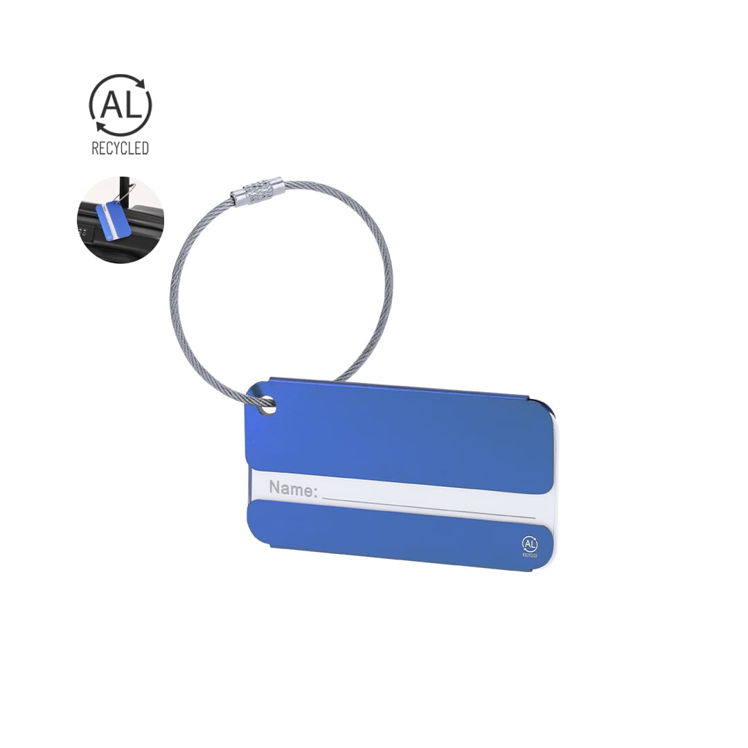 A blue luggage tag with a silver name section and a metal attachment cable, featuring a logo. Halux Luggage Tag - Image 1