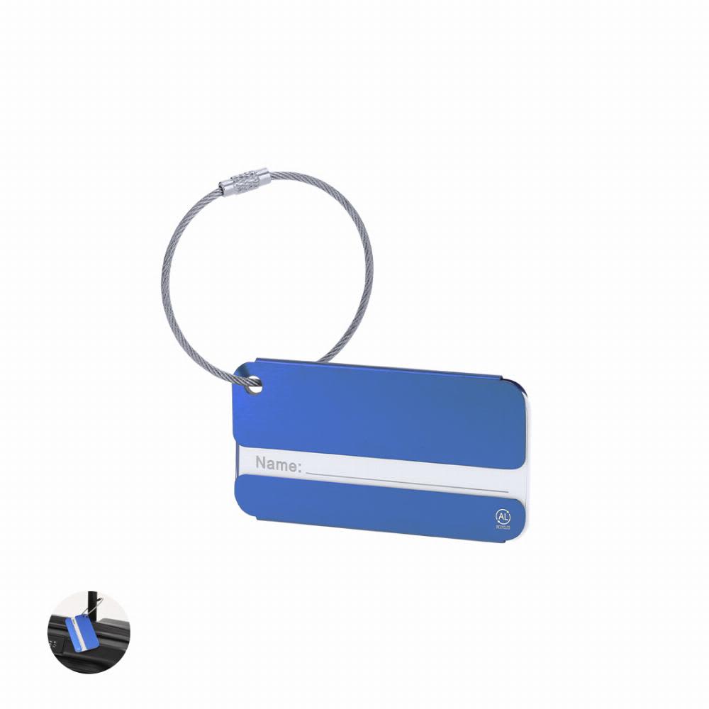 A blue luggage tag with a silver attachment loop, featuring a blank name field for personalisation. Halux - Image 1