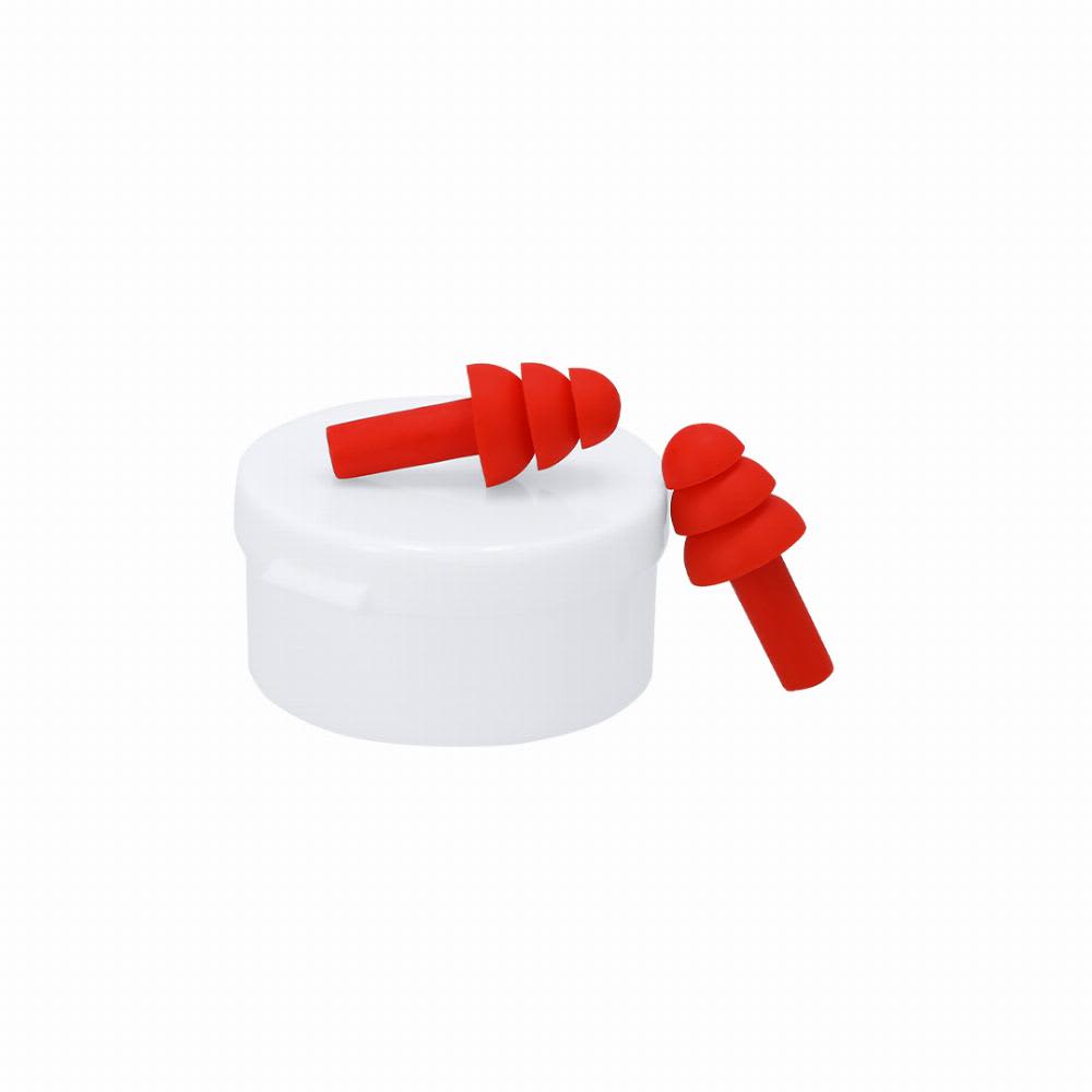 A pair of red earplugs beside a white container. The earplugs have a spiral design. Dedly - Image 1