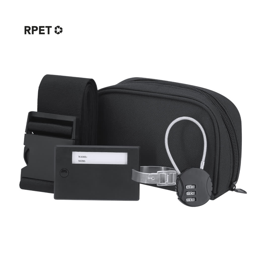 A black travel set including a bag, luggage tag, strap, and combination lock. Features a branding logo. Biccap Travel Set - Image 1