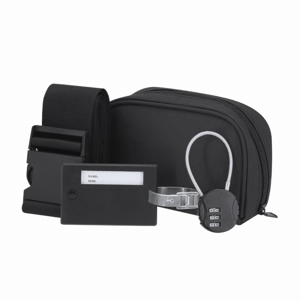 A set of black travel accessories including a pouch, belt, tag, and combination lock. Features a logo. Biccap - Image 1
