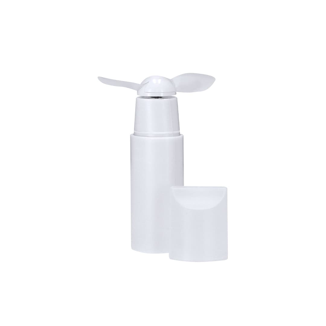 A white portable fan with a protective cover, suitable for personal use. It features a small blade at the top. Sanler Fan - Image 1
