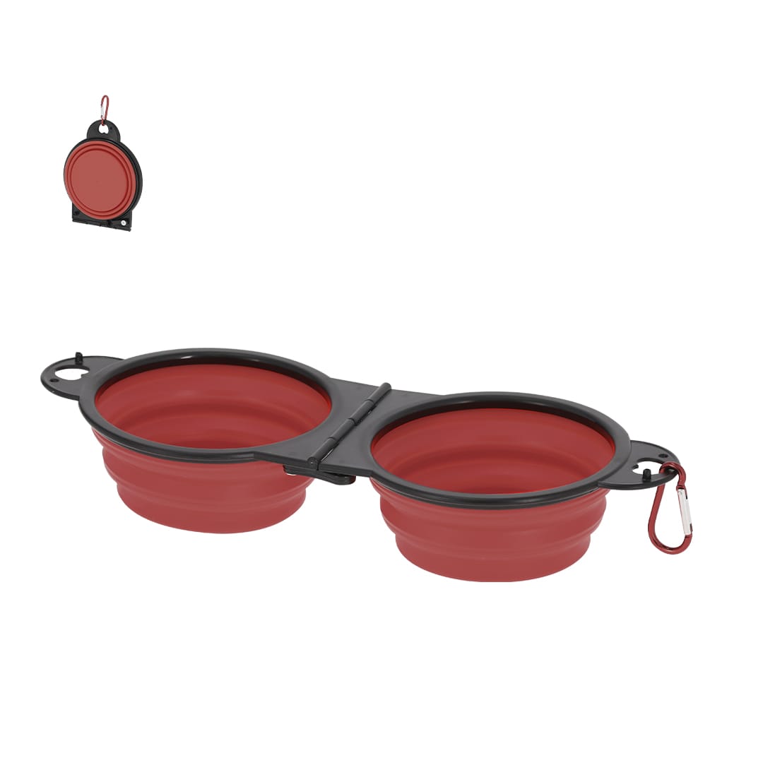A foldable pet bowl in red and black, featuring two compartments and a carabiner for easy attachment. Malking Foldable Bowl - Image 1