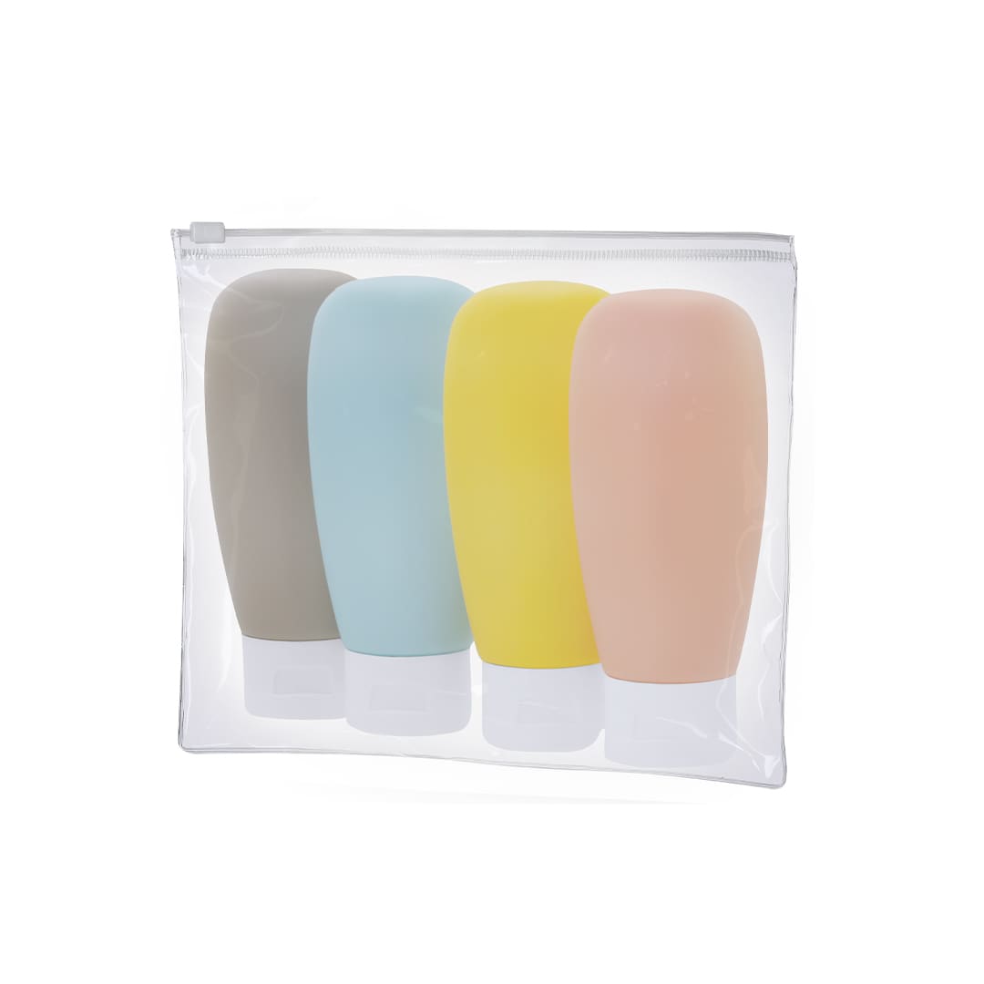 A clear toiletry bag containing four squeeze bottles in grey, blue, yellow, and peach with white caps. Samir Beauty Bag Travel - Image 1
