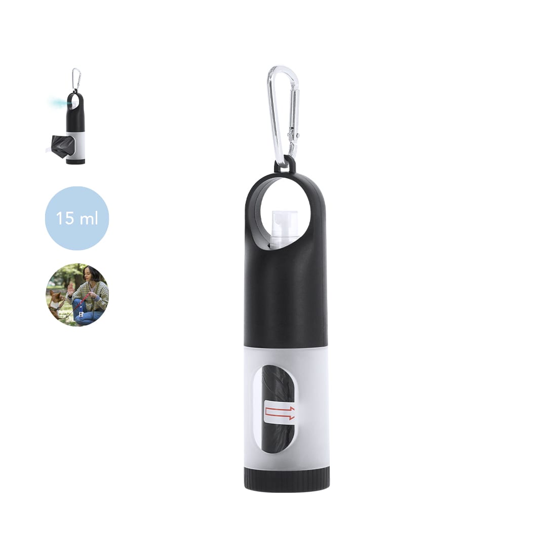 A black and grey waste bag dispenser with a carabiner clip, featuring an internal compartment and a logo. Kesler Waste Bag Dispenser - Image 1