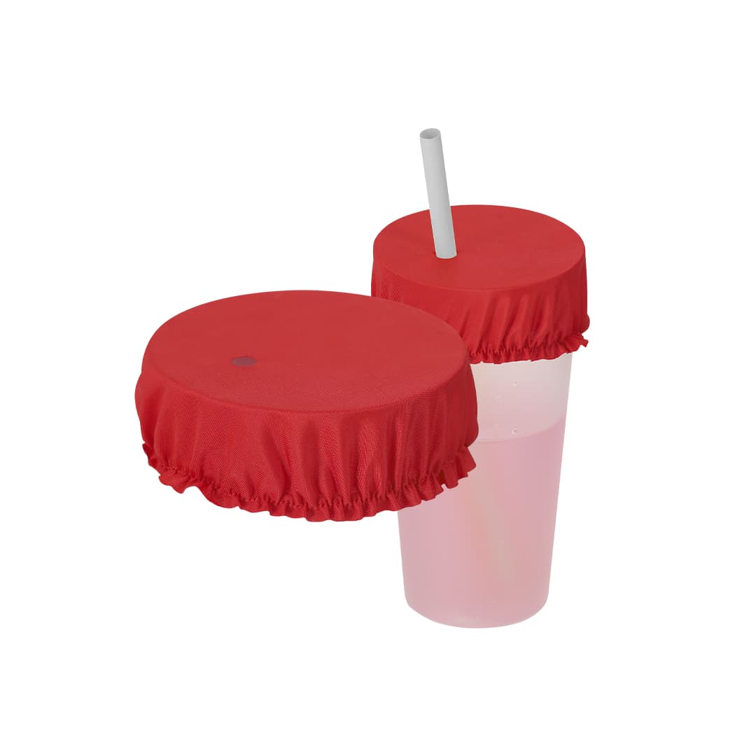 A red drink cover with a gathered edge, designed to fit over drink bottles and cups, featuring a straw hole. Irwing Cup Cover - Image 1