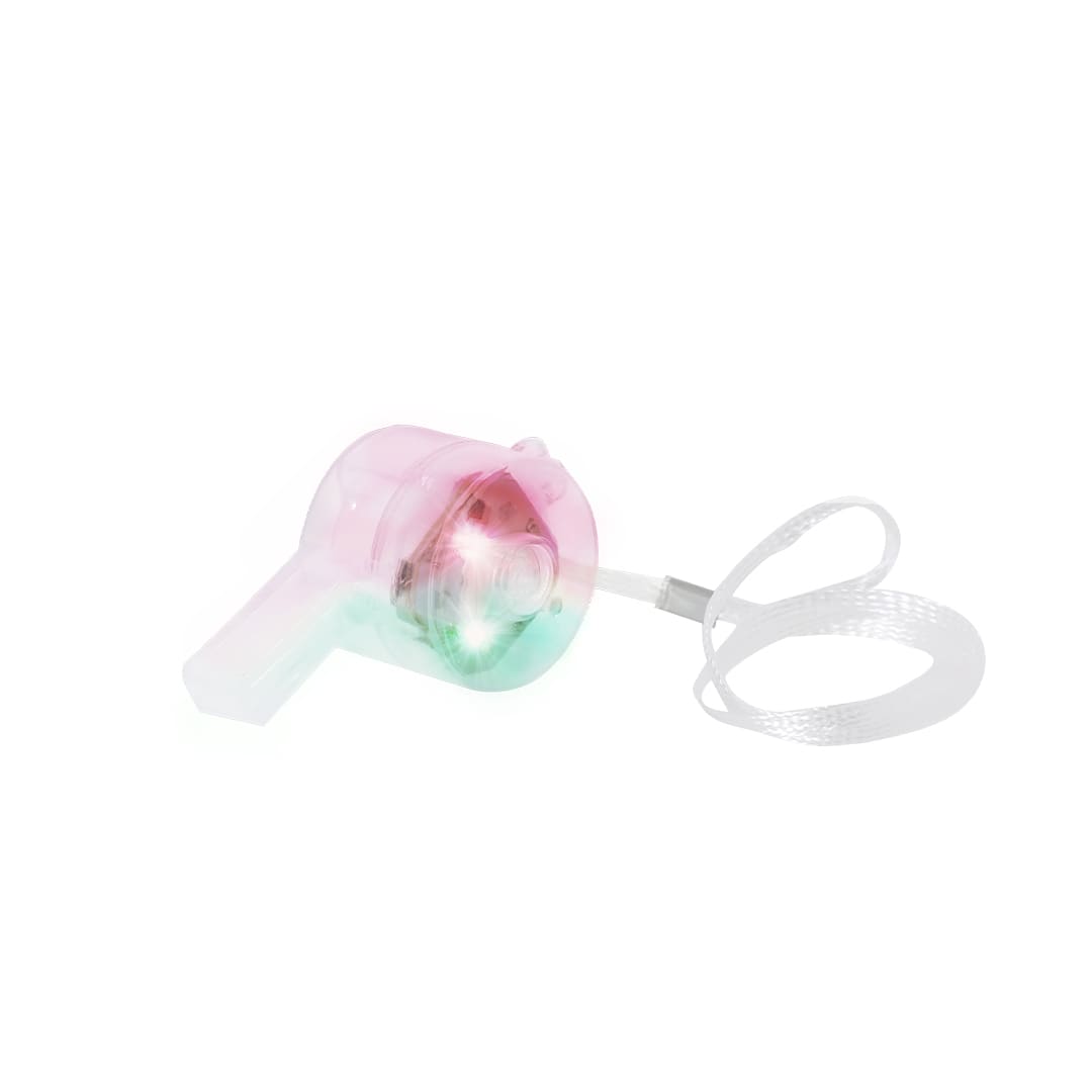 A translucent pink and green whistle with a light feature, attached to a string for easy carrying. Recom Whistle - Image 1