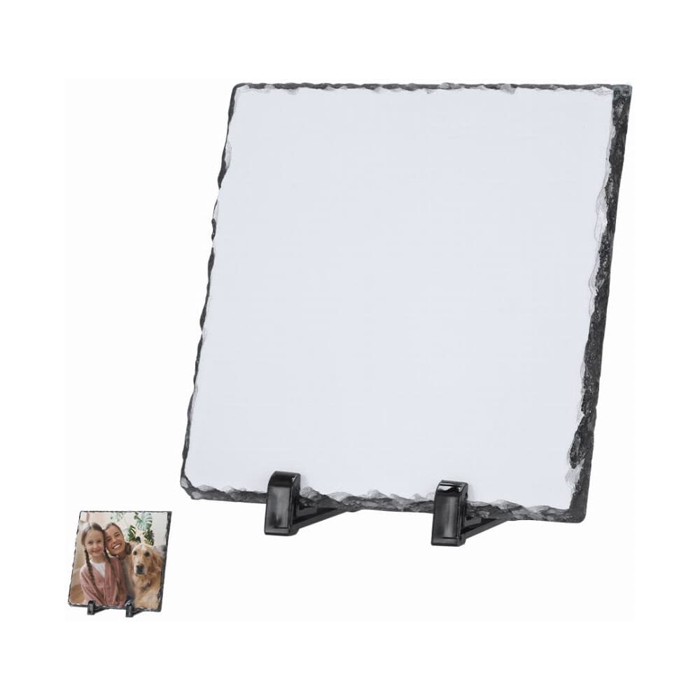A square slate photo frame with a textured edge, featuring a black stand for display. Heysi - Image 1