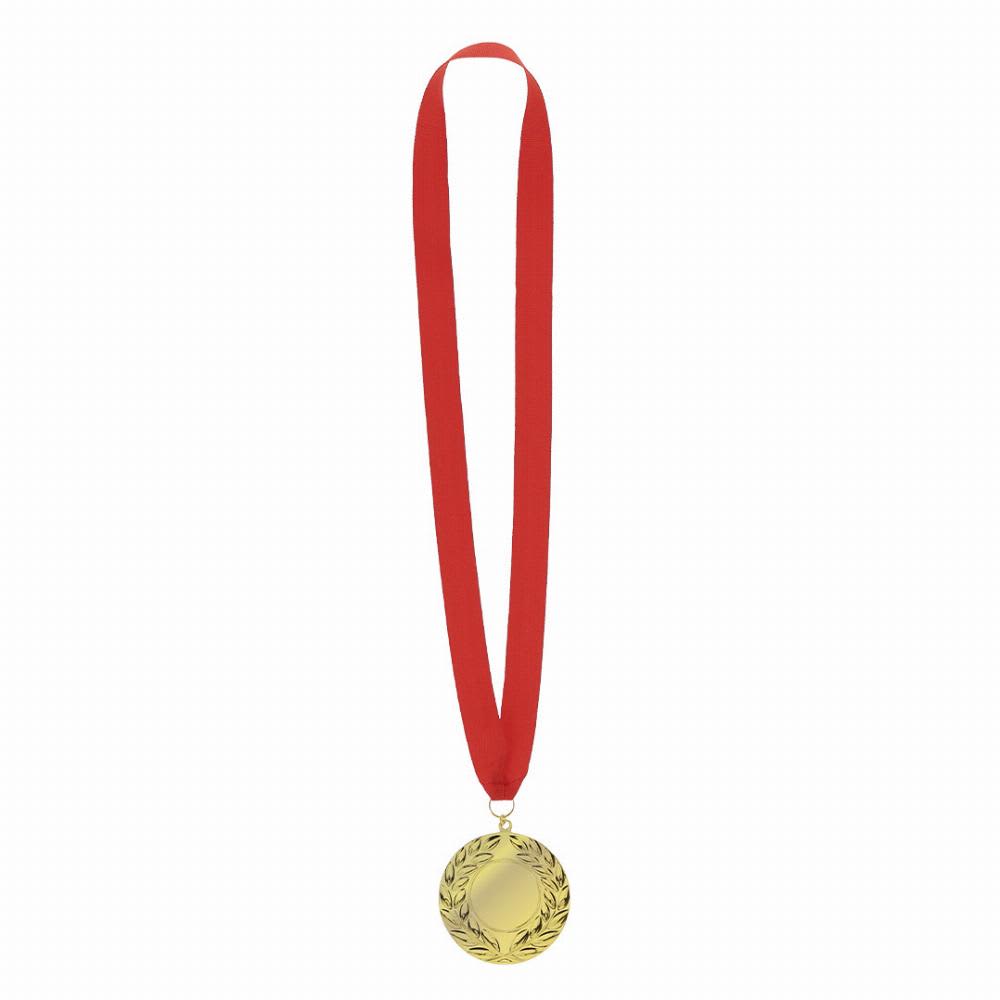 A gold medal with a laurel wreath design, hanging from a red ribbon. Binea - Image 1
