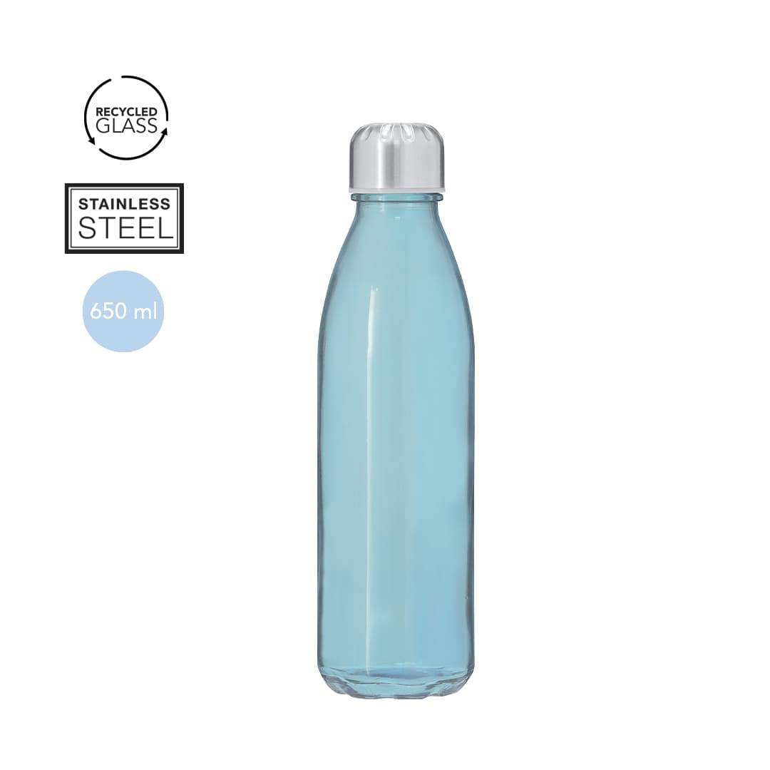 A drink bottle made of recycled glass and stainless steel, featuring a light blue body and a silver cap. Kamby Bottle - Image 1