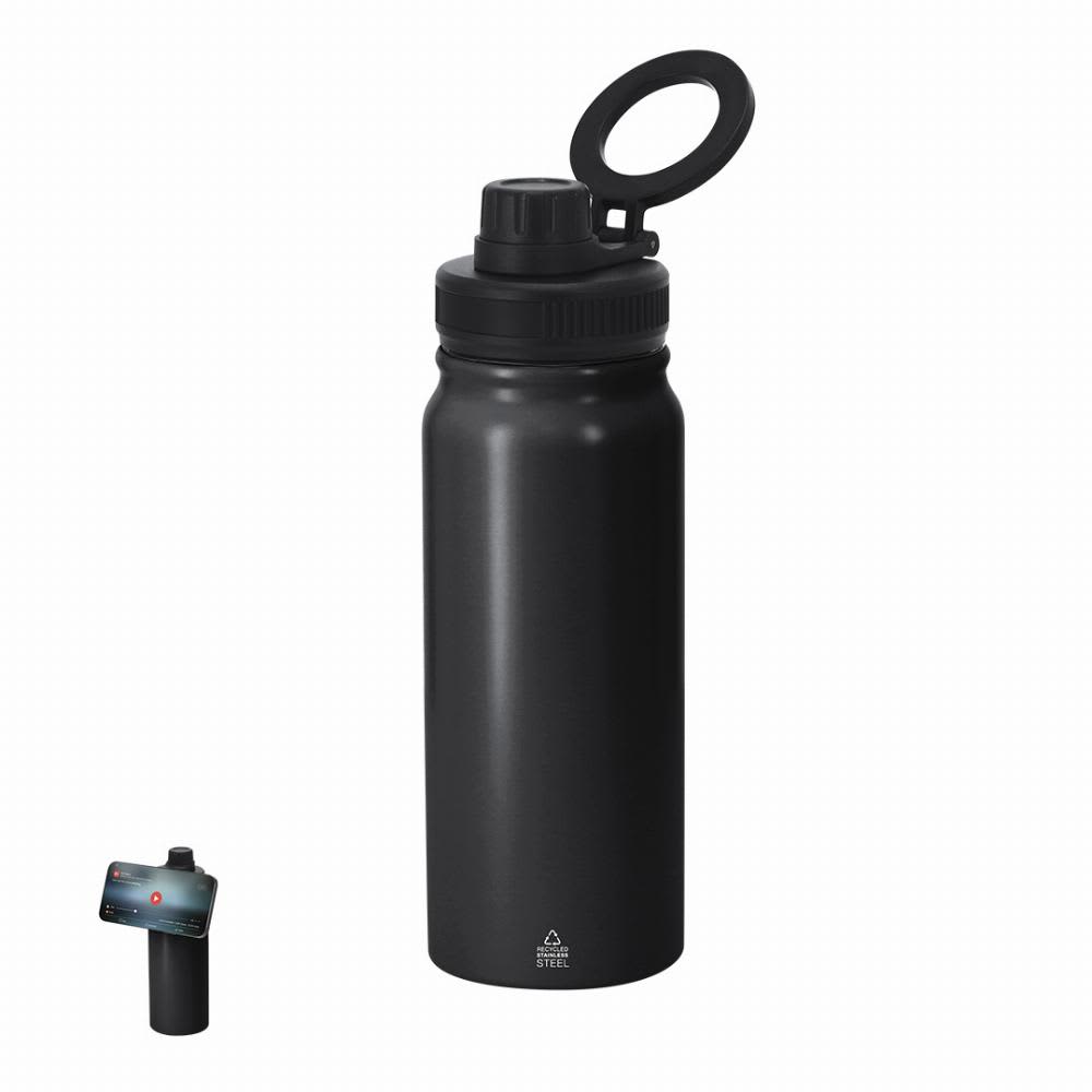 A drink bottle in matte black with a screw top and a carrying loop, featuring a logo. Stork - Image 1