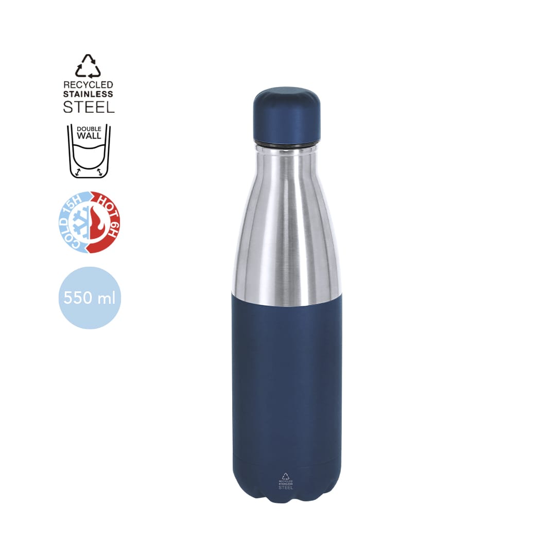 A drink bottle made of recycled stainless steel with a navy blue silicone grip, featuring a double wall design. Fanox Insulated Bottle - Image 1