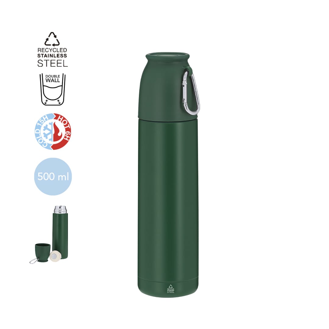 A drink bottle in dark green, made from recycled stainless steel, featuring a carabiner and a double-wall design. Clorin Vacuum Flask - Image 1