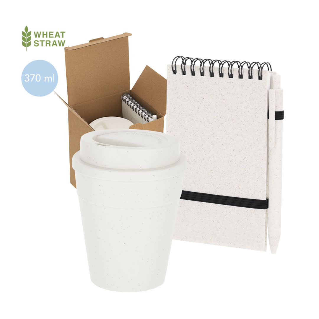 A white reusable drink cup, a notepad, and a box set containing related items, all made from wheat straw. Cosmor Set - Image 1
